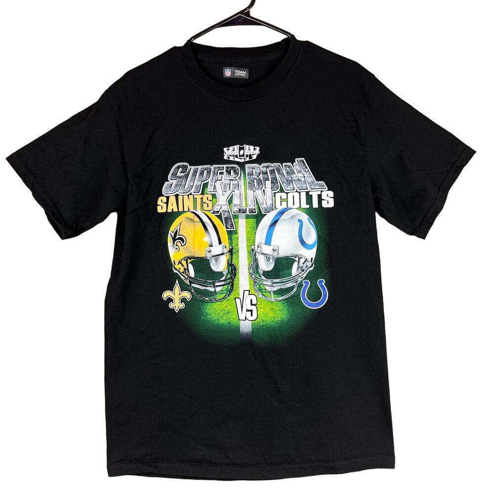 NFL Team Apparel Mens Tee Black Saints vs Colts Super Bowl Short Sleeve Medium